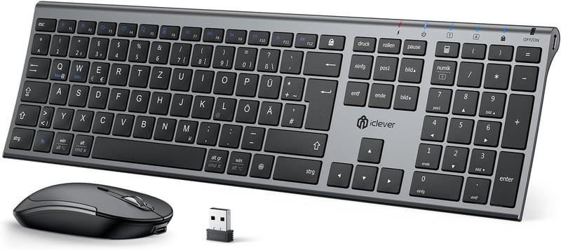 iClever 2.4G Vezeték Nélküli Billentyűzet és Egér Szett, USB-C Újratölthető, Teljes Méretű, Vékony és Tartós, Windows 7/8/10 és Mac OS Kompa