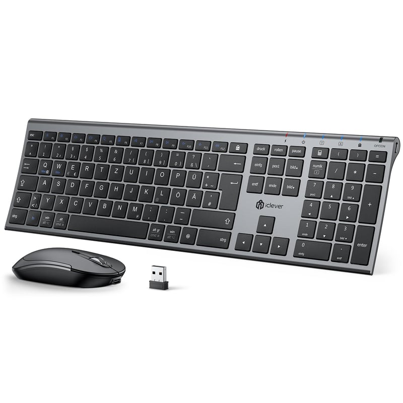 iClever 2.4G bežična tipkovnica i miš, USB-C punjivi, pune veličine, tanki i izdržljivi, kompatibilni s Windows 7/8/10 i Mac OS