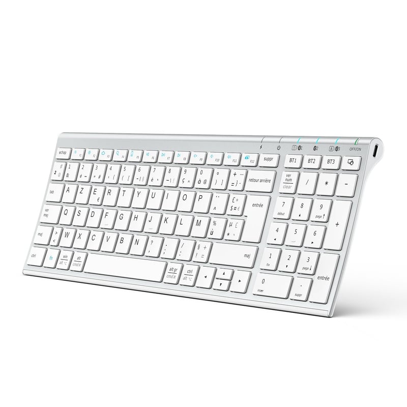 iClever BK10 Bluetooth Klávesnica - Nabíjateľná, Pripojenie 3 Zariadení, AZERTY, Ultratenká, Biela, Kompatibilná s Mac/iPad/iPhone/PC