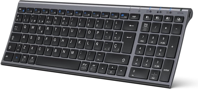 iClever BK10 Bluetooth Billentyűzet - Újratölthető, Ergonomikus, Teljes Méretű, 3 Eszköz Csatlakoztatás, Windows/Mac/iPad Kompatibilis, Szür