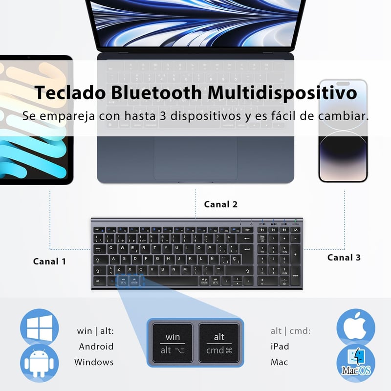 iClever BK10 Bluetooth Billentyűzet - Újratölthető, Ergonomikus, Teljes Méretű, 3 Eszköz Csatlakoztatás, Windows/Mac/iPad Kompatibilis, Szür