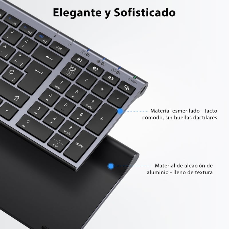 iClever BK10 Bluetooth Billentyűzet - Újratölthető, Ergonomikus, Teljes Méretű, 3 Eszköz Csatlakoztatás, Windows/Mac/iPad Kompatibilis, Szür