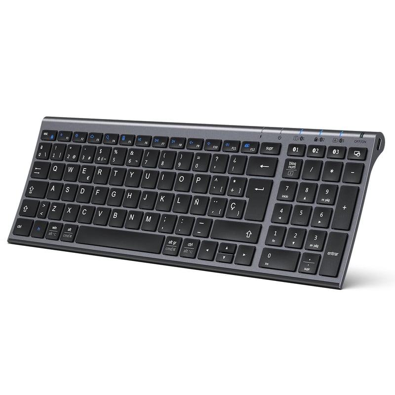 iClever BK10 Bluetooth Klávesnica – Nabíjateľná, Ergonomická, Plnej Veľkosti, Pripojenie 3 Zariadení, Kompatibilná s Windows/Mac/iPad, Sivá