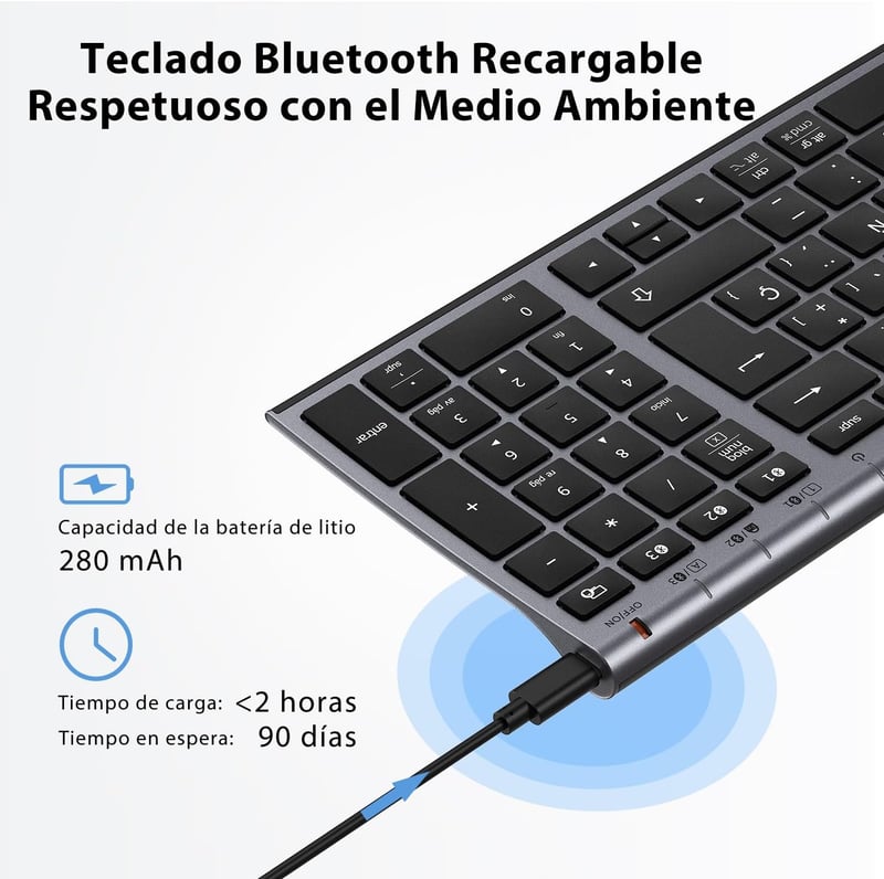 iClever BK10 Bluetooth Billentyűzet - Újratölthető, Ergonomikus, Teljes Méretű, 3 Eszköz Csatlakoztatás, Windows/Mac/iPad Kompatibilis, Szür