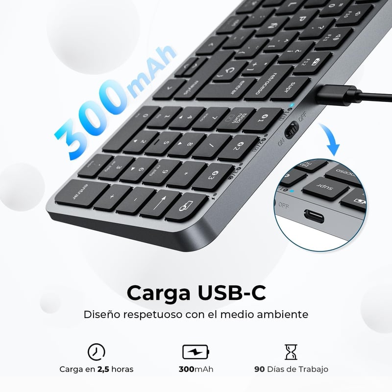 iClever BK20 Bluetooth Billentyűzet - Kompakt Vezeték Nélküli Numerikus Billentyűzet, 3 Eszköz Csatlakoztatás, USB-C Tölthető, MacBook, iPad