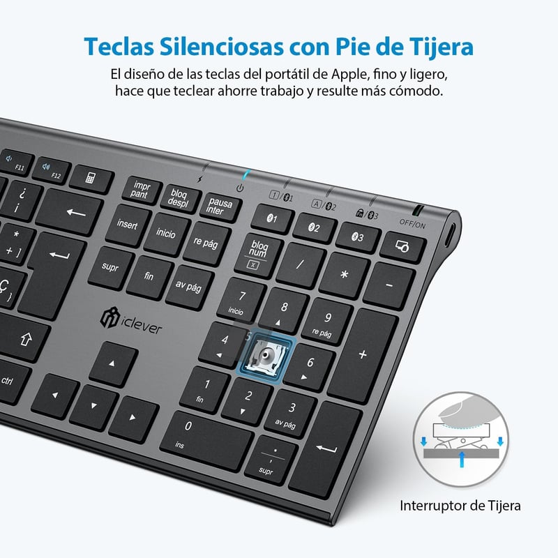 iClever BK23 Bluetooth Billentyűzet - Újratölthető, Teljes Méretű, Többeszközös, Szürke, Kompatibilis Windows/Mac/iOS/Android Rendszerekkel