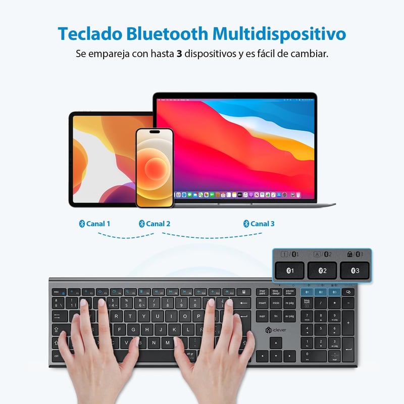 iClever BK23 Bluetooth Billentyűzet - Újratölthető, Teljes Méretű, Többeszközös, Szürke, Kompatibilis Windows/Mac/iOS/Android Rendszerekkel