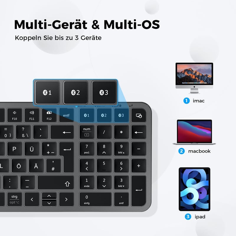 iClever Bluetooth Billentyűzet Mac/PC - Vezeték nélküli 3 eszköz kapcsoló QWERTZ