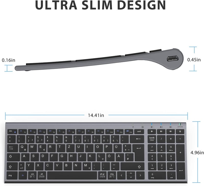 iClever Bluetooth Billentyűzet Vezeték Nélküli 3 Csatorna Újratölthető Grafitszürke QWERTZ