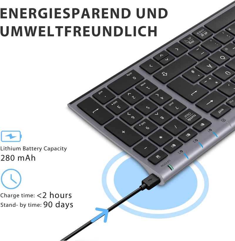 iClever Bluetooth Billentyűzet Vezeték Nélküli 3 Csatorna Újratölthető Grafitszürke QWERTZ