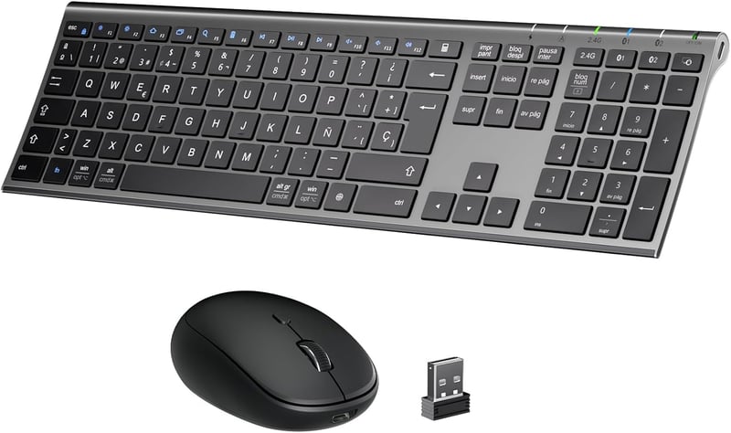 iClever DK03 Bluetooth/2.4G Vezeték Nélküli Billentyűzet és Egér Szett - Újratölthető, Ergonomikus, Vékony Alumínium Kialakítás, 3 Eszköz Cs