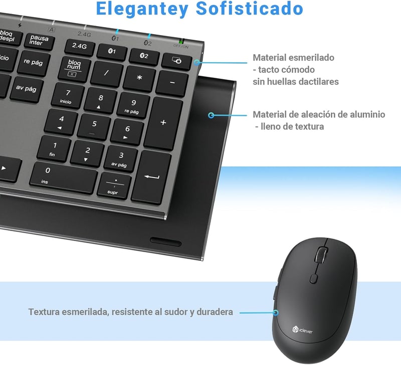 iClever DK03 Bluetooth/2.4G Vezeték Nélküli Billentyűzet és Egér Szett - Újratölthető, Ergonomikus, Vékony Alumínium Kialakítás, 3 Eszköz Cs
