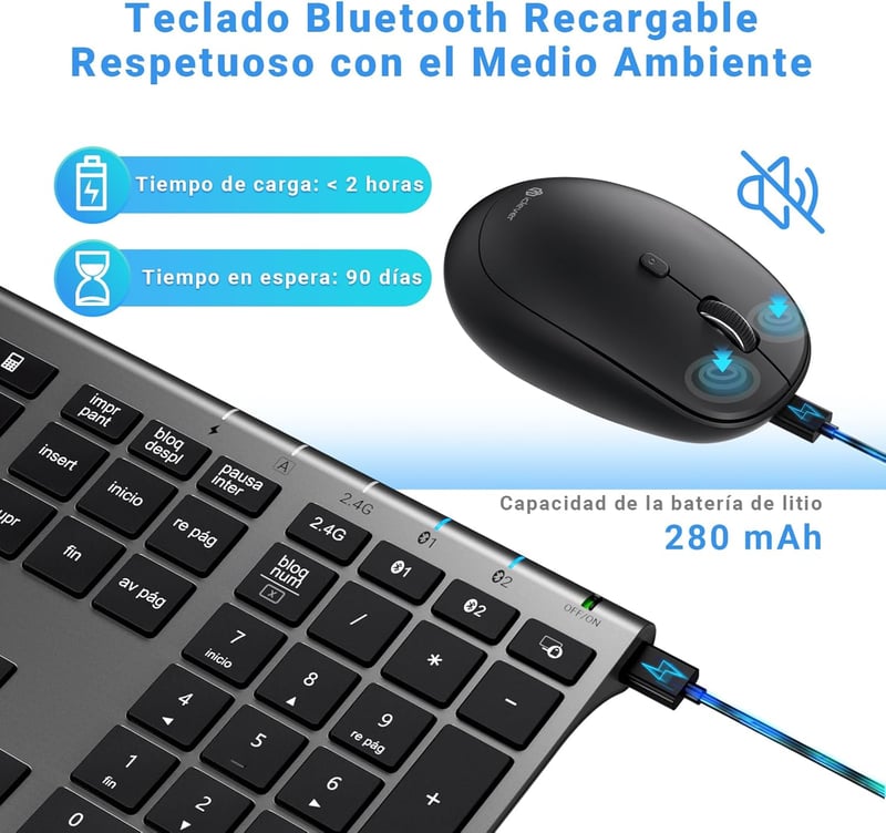 iClever DK03 Bluetooth/2.4G Vezeték Nélküli Billentyűzet és Egér Szett - Újratölthető, Ergonomikus, Vékony Alumínium Kialakítás, 3 Eszköz Cs