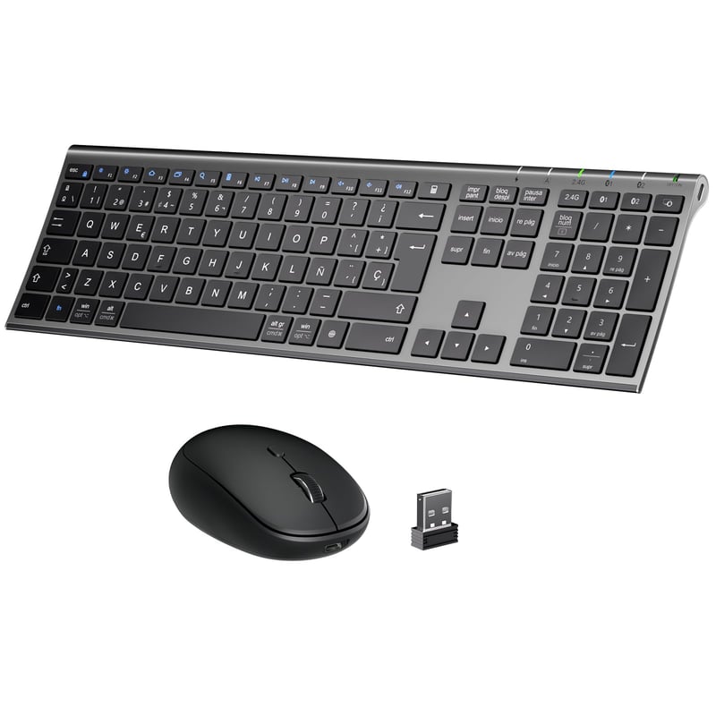 iClever DK03 Bluetooth/2.4G Bežična Tipkovnica i Miš Set - Punjivi, Ergonomski, Tanki Aluminijski Dizajn, 3 Uređaja
