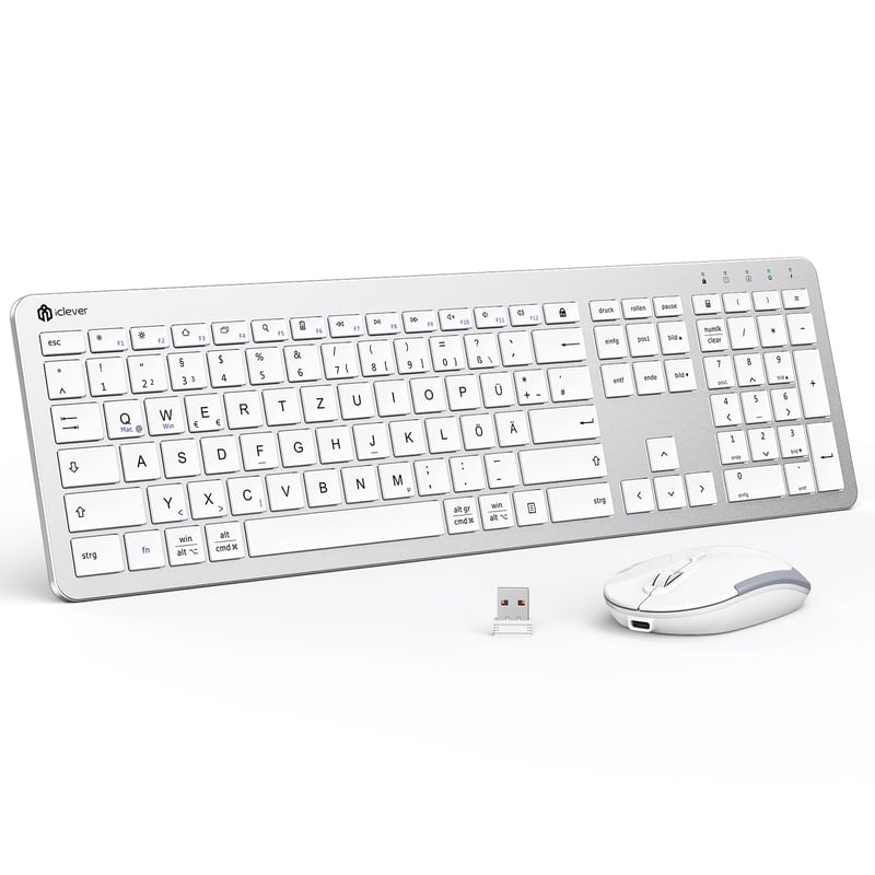 iClever Bezdrôtová Súprava Klávesnice a Myši - Nabíjateľná, QWERTZ Rozloženie, 2.4 GHz, S Numerickou Klávesnicou, Kompatibilná s PC/Laptopom/Smart TV, Biela