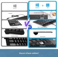iClever Wireless Bluetooth Billentyűzet 3 Csatorna QWERTZ Újratölthető Mac Windows iOS 7