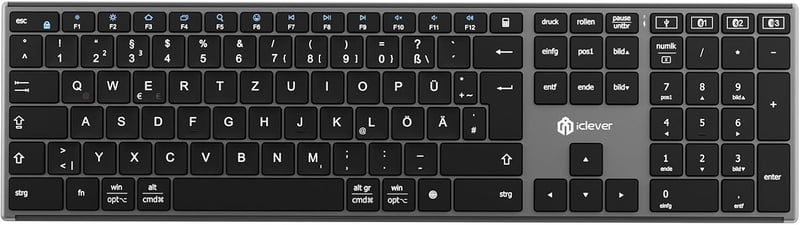 iClever Wireless Bluetooth Billentyűzet 3 Csatorna QWERTZ Újratölthető Mac Windows iOS