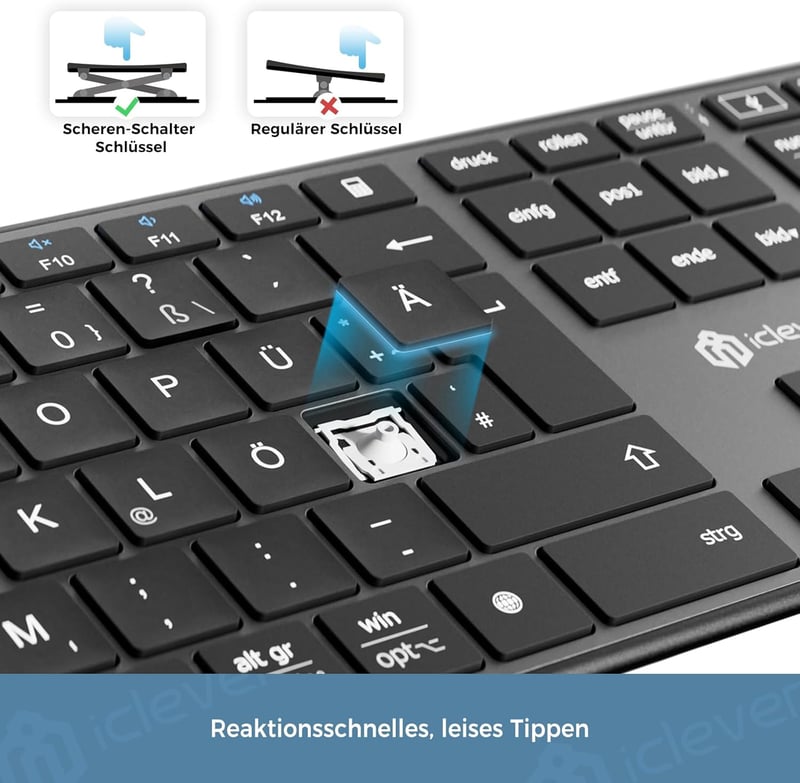 iClever Wireless Bluetooth Billentyűzet 3 Csatorna QWERTZ Újratölthető Mac Windows iOS