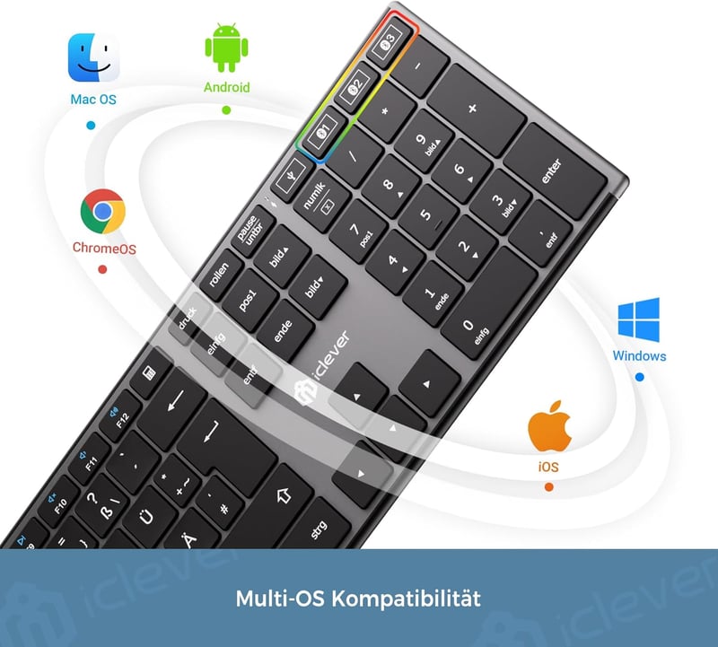 iClever Wireless Bluetooth Billentyűzet 3 Csatorna QWERTZ Újratölthető Mac Windows iOS