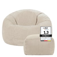 Fotoliu tip puf Icon Kingston din catifea raiată cu taburet, bej – Fotoliu puf pentru adulți pentru living și dormitor, catifea raiată moale, fabricat în Germania 5