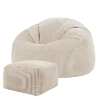 Fotoliu tip puf Icon Kingston din catifea raiată cu taburet, bej – Fotoliu puf pentru adulți pentru living și dormitor, catifea raiată moale, fabricat în Germania 1