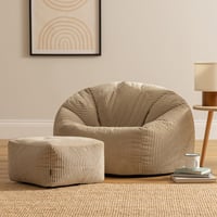 Fotoliu tip puf Icon Kingston din catifea raiată cu taburet, bej – Fotoliu puf pentru adulți pentru living și dormitor, catifea raiată moale, fabricat în Germania 4