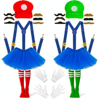 Kostýmová súprava Mario a Luigi iDattel – čiapka, sukňa, ponožky, rukavice, fúzy, žlté gombíky – doplnky na cosplay a karneval pre dospelých a deti 1