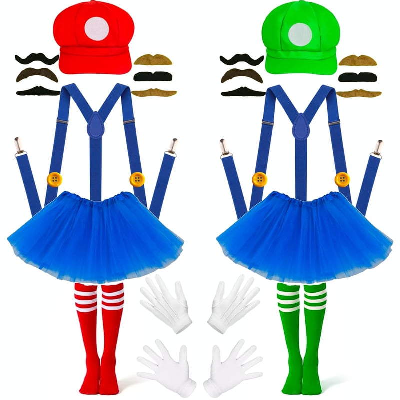 Kostýmová súprava Mario a Luigi iDattel – čiapka, sukňa, ponožky, rukavice, fúzy, žlté gombíky – doplnky na cosplay a karneval pre dospelých a deti