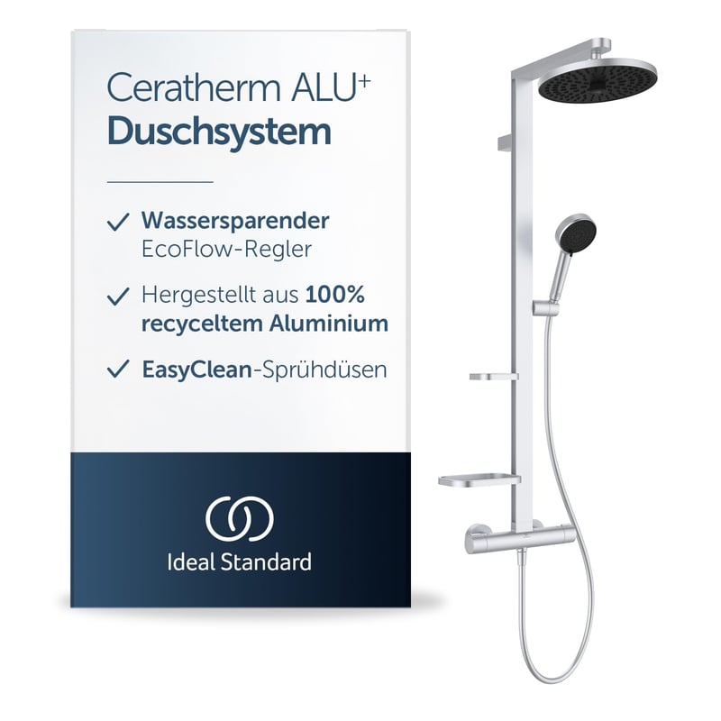 Set de duș cu termostat Ideal Standard Ceratherm Alu+ BD583SI, cu 2 polițe, pară de duș, cap de duș și furtun de 175 cm, argintiu, 356x501x1113 mm