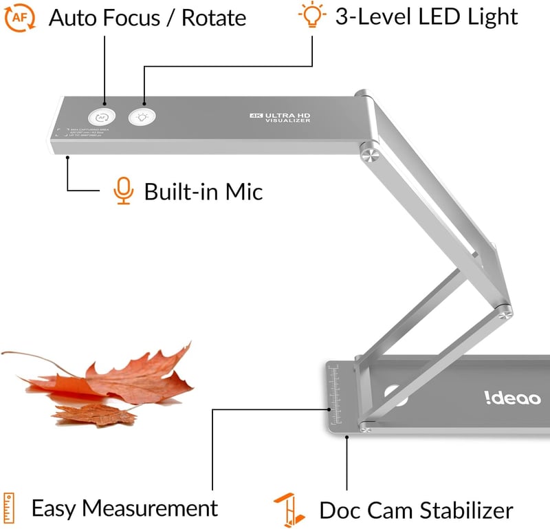 Ideao DC400 4K USB Dokumentum Kamera, Webkamera és Szkenner, 3-in-1, 13MP, Autofókusz, Beépített Mikrofon, LED Lámpa, OCR, Windows/Mac/Chrom