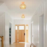 Lampă de plafon vintage iDEGU, design cu cușcă din lemn și fier, abajur de 20 cm cu dulie E27, lustră industrială aurie pentru hol, dormitor, living sau bucătărie 2