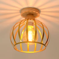 Lampă de plafon vintage iDEGU, design cu cușcă din lemn și fier, abajur de 20 cm cu dulie E27, lustră industrială aurie pentru hol, dormitor, living sau bucătărie 1