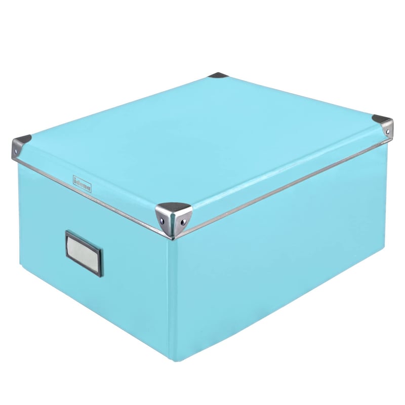 Idena 11009 Úložný box z pevného kartónu, s vekom s kovovými rohmi, tyrkysový, s popisovateľným poľom, 35x28x17 cm, na organizáciu domácnosti a kancelárie