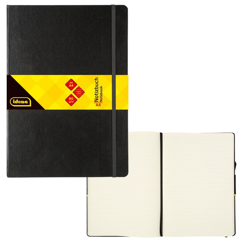 Idena 209292 Zápisník v pevnej väzbe A4 – linajkový, krémový papier, 192 strán, 80 g/m², čierna obálka