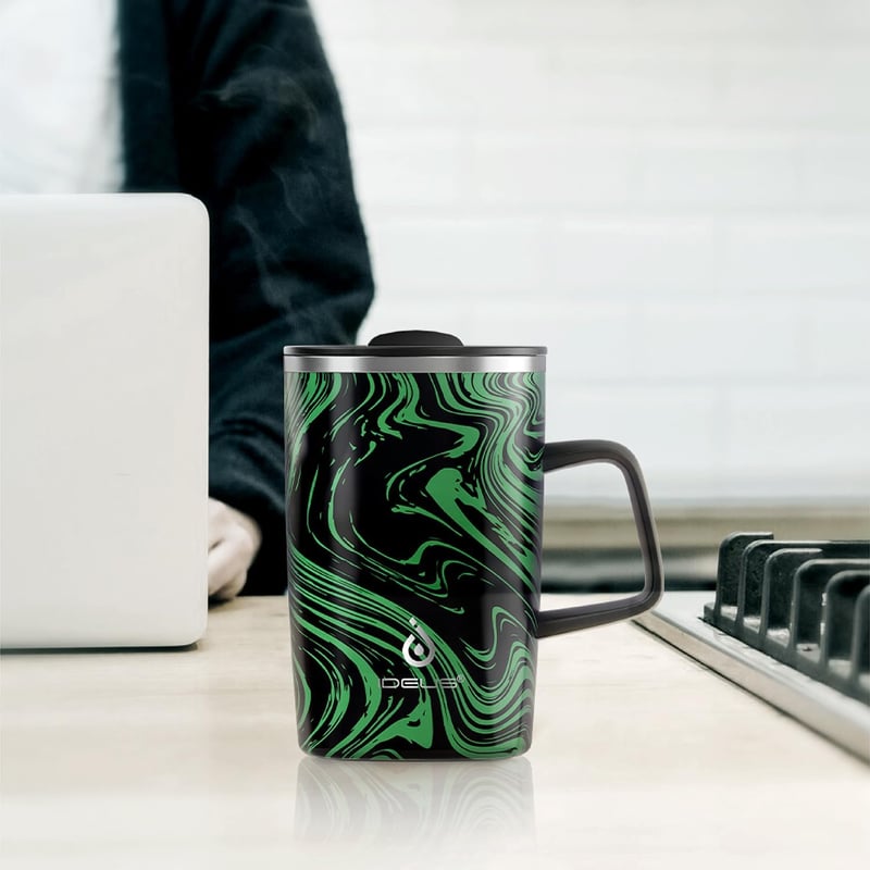Ideus Duplafalú Termobögre 16oz (470ml) - Rozsdamentes Acél Kávés Pohár Csúszásgátló Fogantyúval és Tolható Fedéllel - Zöld Zebra