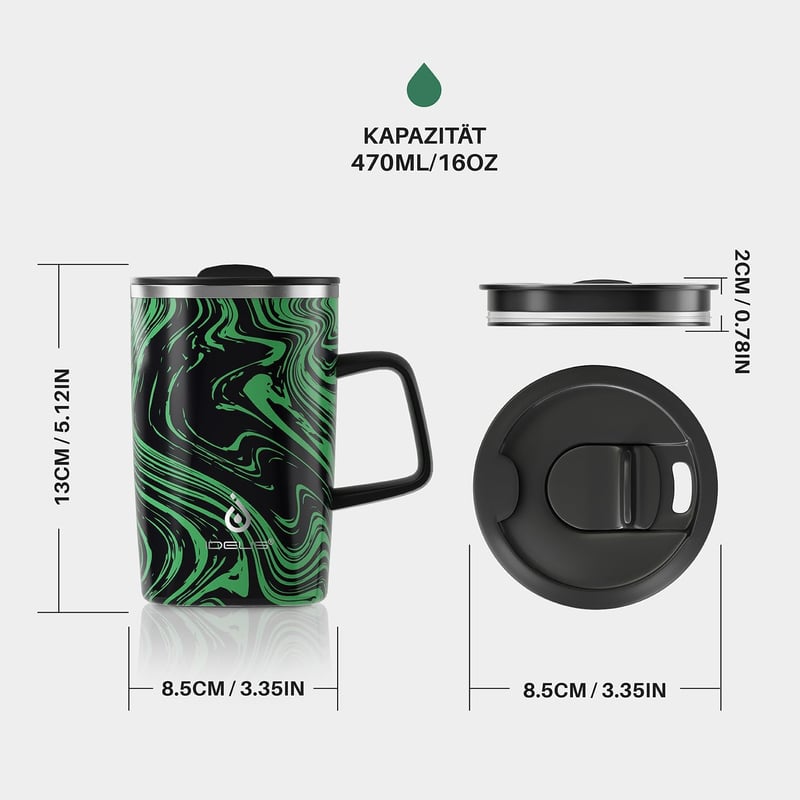 Ideus Duplafalú Termobögre 16oz (470ml) - Rozsdamentes Acél Kávés Pohár Csúszásgátló Fogantyúval és Tolható Fedéllel - Zöld Zebra