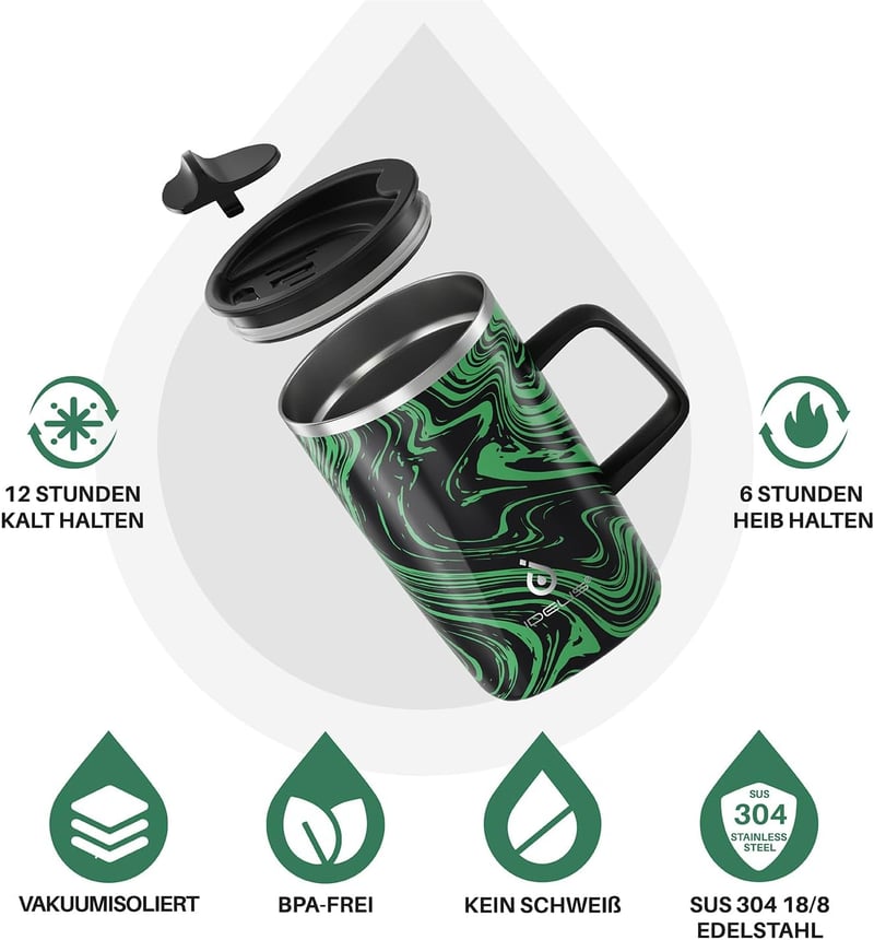 Ideus Duplafalú Termobögre 16oz (470ml) - Rozsdamentes Acél Kávés Pohár Csúszásgátló Fogantyúval és Tolható Fedéllel - Zöld Zebra