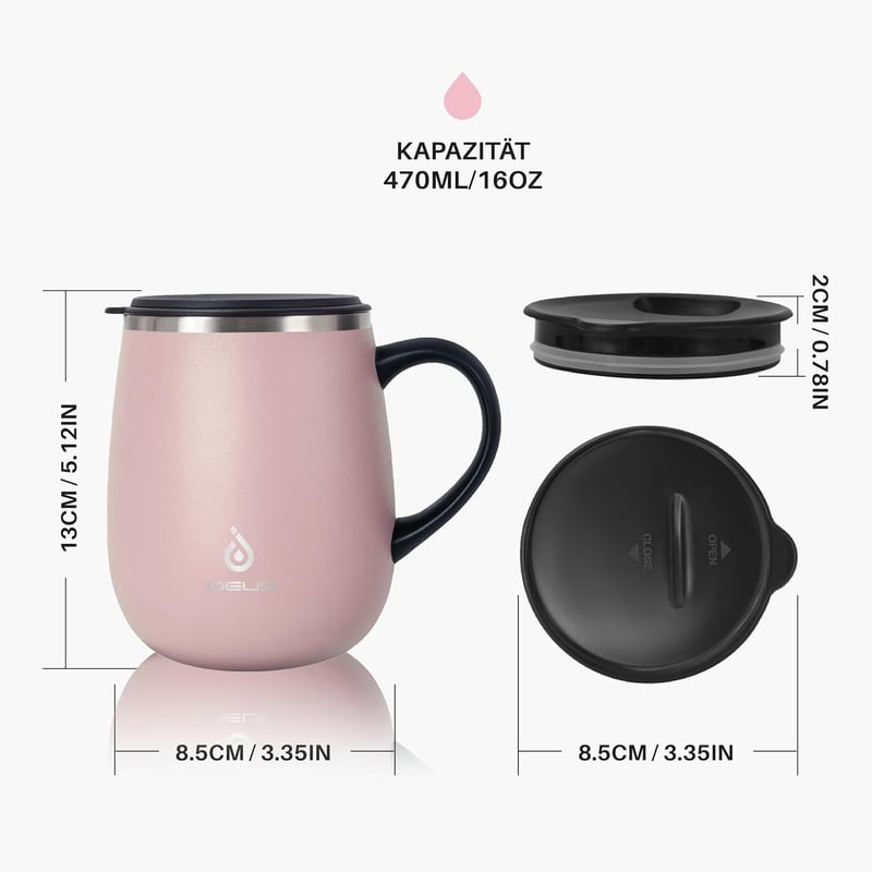 Ideus Termosz Bögre 470ml - Dupla Falú Rozsdamentes Acél Kávés Pohár Csúszásmentes Fogantyúval és Tolható Fedéllel, Hideg-Meleg Italokhoz (V