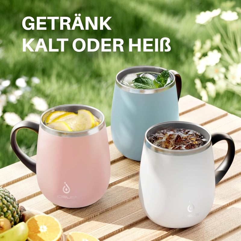 Ideus Termosz Bögre 470ml - Dupla Falú Rozsdamentes Acél Kávés Pohár Csúszásmentes Fogantyúval és Tolható Fedéllel, Hideg-Meleg Italokhoz (V