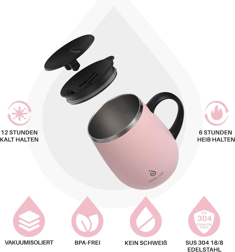 Ideus Termosz Bögre 470ml - Dupla Falú Rozsdamentes Acél Kávés Pohár Csúszásmentes Fogantyúval és Tolható Fedéllel, Hideg-Meleg Italokhoz (V