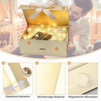 Idota magnetska poklon kutija s poklopcem, 33x25x12,5 cm, zlatna, s mašnom, rafijom, čestitkom i svjetlom, za vjenčanja i rođendane, veličina L 3