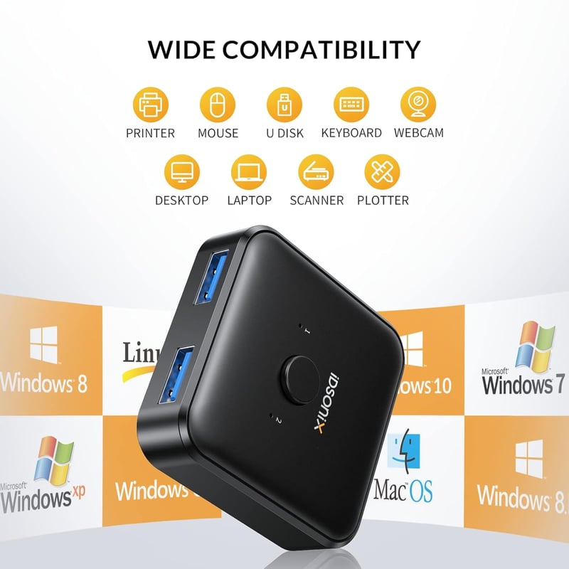 iDsonix USB 3.0 Switch - Kétirányú KVM Kapcsoló 2 PC Között - Nyomtató, Billentyűzet, Egér Megosztó - 5 Gbps Adatátvitel - Plug and Play