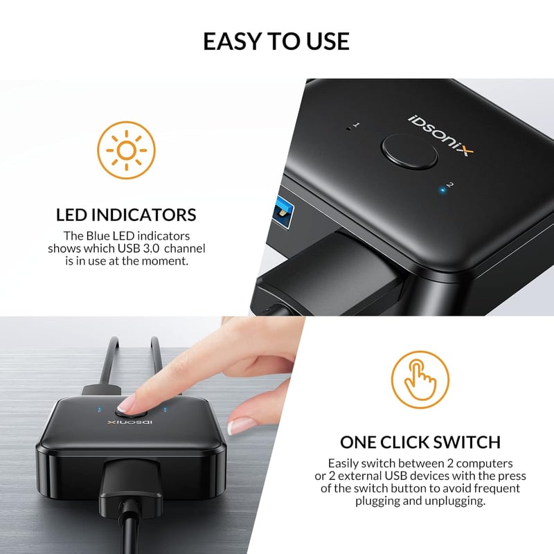 iDsonix USB 3.0 Switch - Kétirányú KVM Kapcsoló 2 PC Között - Nyomtató, Billentyűzet, Egér Megosztó - 5 Gbps Adatátvitel - Plug and Play