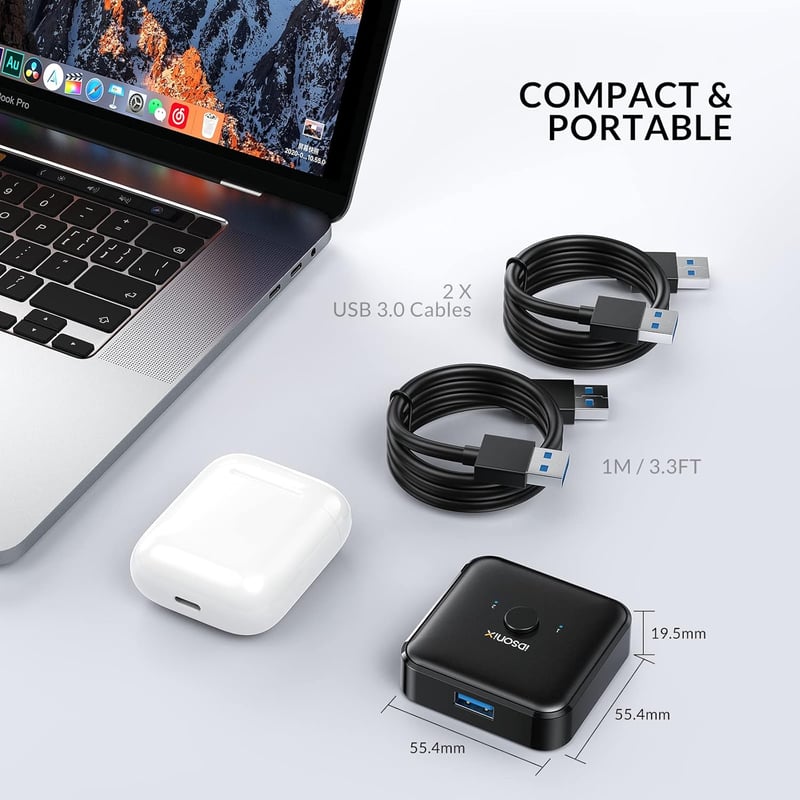 iDsonix USB 3.0 Switch - Kétirányú KVM Kapcsoló 2 PC Között - Nyomtató, Billentyűzet, Egér Megosztó - 5 Gbps Adatátvitel - Plug and Play