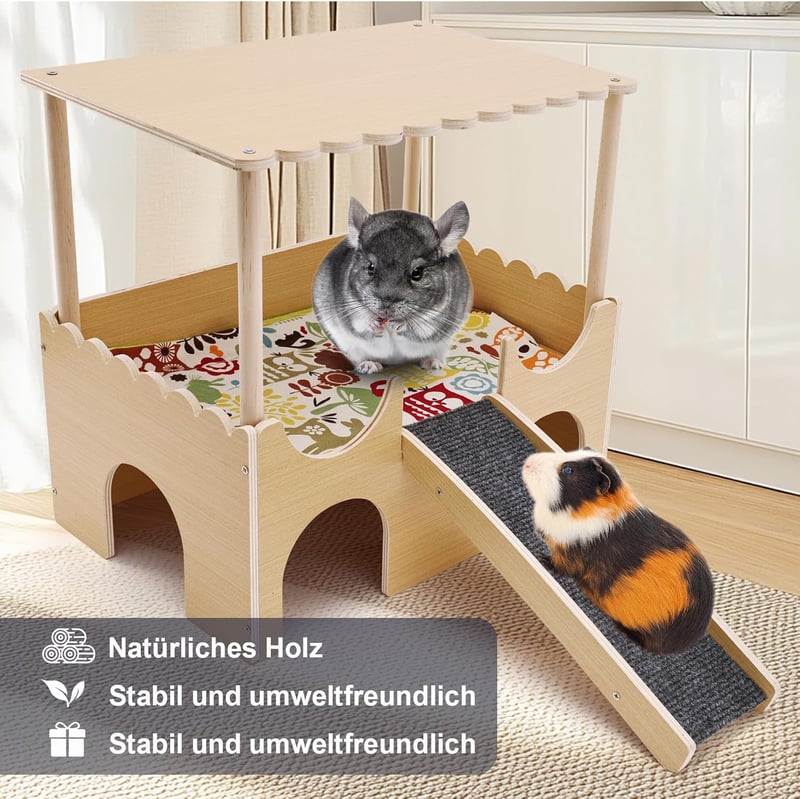 IDUNSEED Kétszintes Fa Vár Tengerimalacnak Lépcsővel és Rejtekhellyel