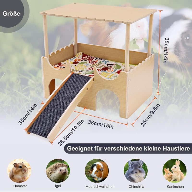 IDUNSEED Kétszintes Fa Vár Tengerimalacnak Lépcsővel és Rejtekhellyel