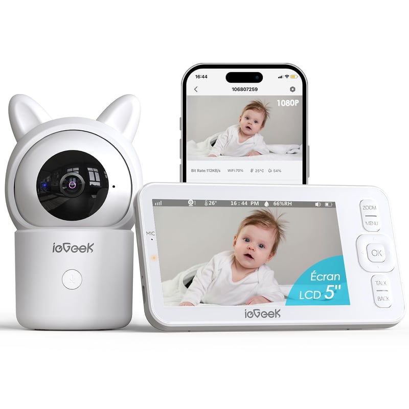 Detská pestúnka ieGeek 1080P s 5-palcovým displejom, 360° PTZ otáčaním, automatickým sledovaním, nočným videním a pripojením k smartfónu, biela