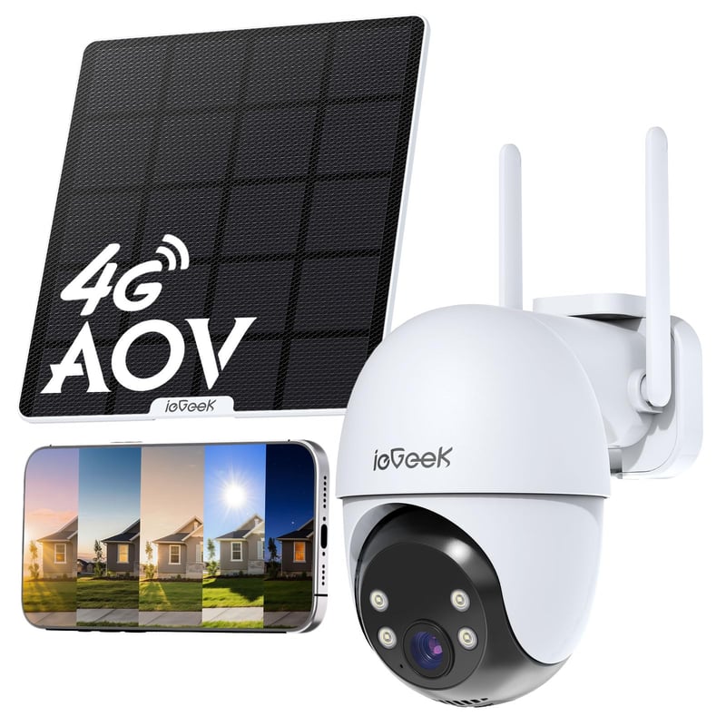 Vonkajšia bezpečnostná kamera ieGeek 4G so SIM kartou bez WiFi, nepretržité nahrávanie 24/7, 2K 3MP, 360° PTZ, 10000 mAh, 5W solárny panel, nočné videnie, biela
