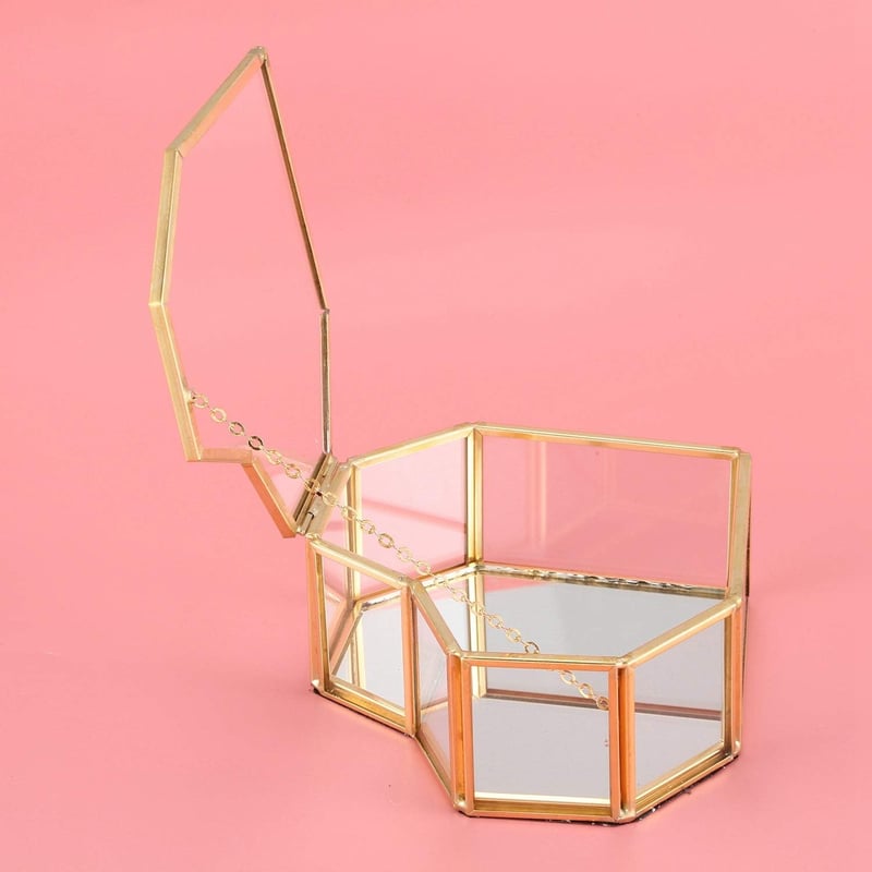 Iegefirm Szív Alakú Arany Üveg Ékszertartó Doboz Gyűrűtartó Esküvői Dekoráció Geometrikus Dizájn 19x17cm