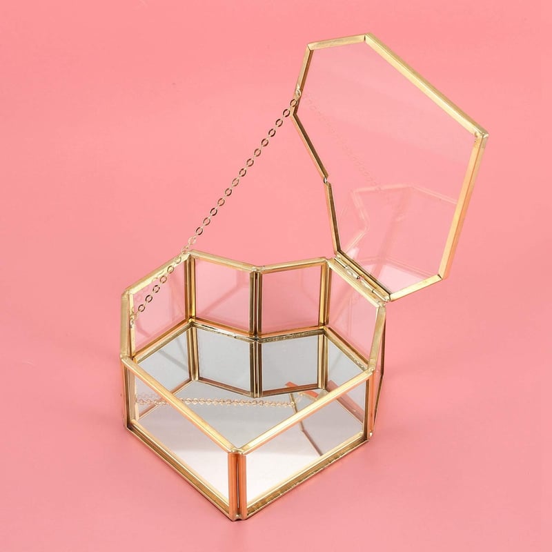Iegefirm Szív Alakú Arany Üveg Ékszertartó Doboz Gyűrűtartó Esküvői Dekoráció Geometrikus Dizájn 19x17cm